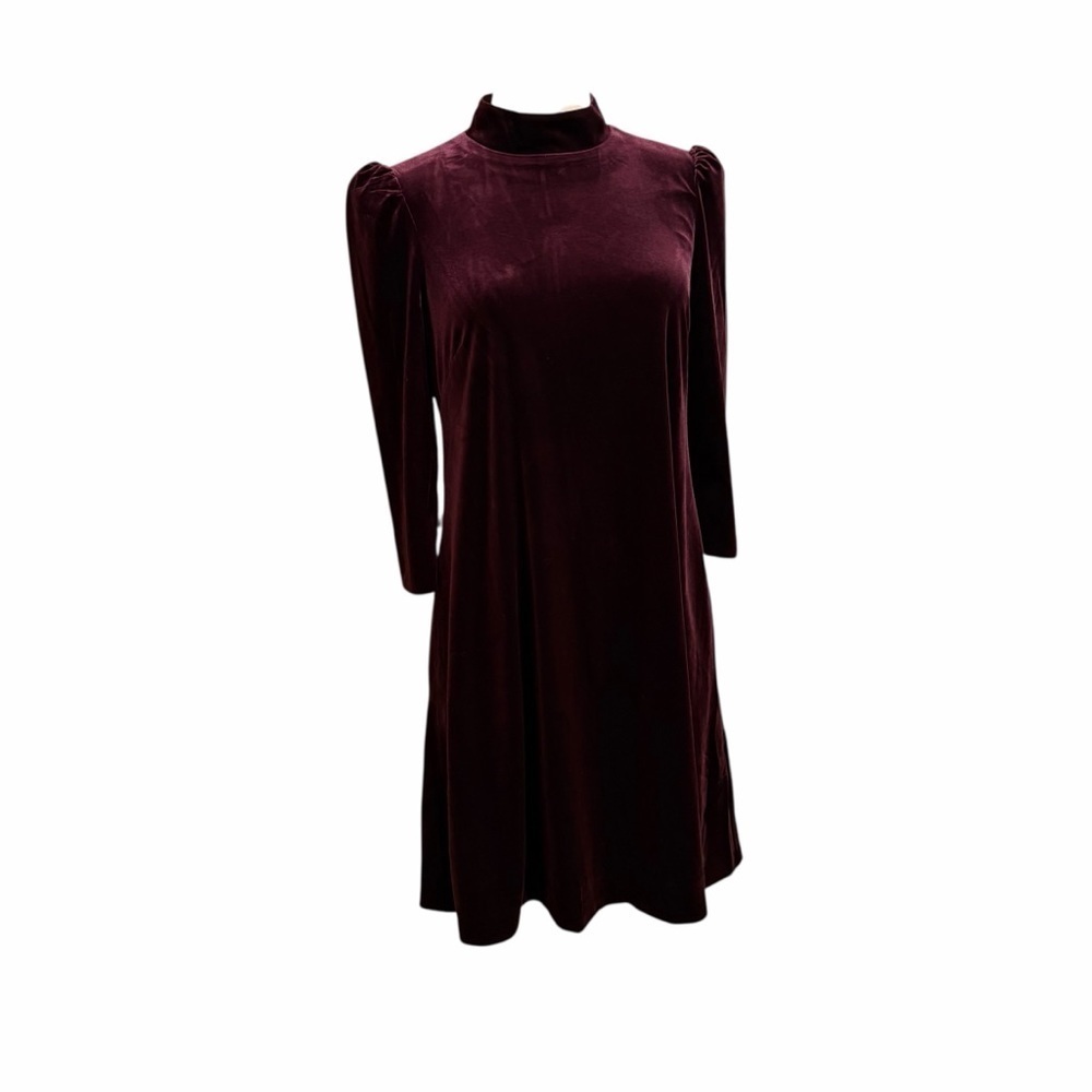 🍷 Eliza J Velvet Puff Sleeve Mock Neck Dress | Size 4 : Rich Burgundy